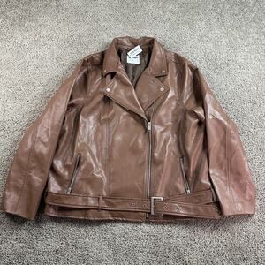 Old Navy Moto Jacket Womens XXL 2XL Brown Faux Leather Belted Biker Coat